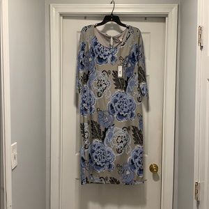 It’s a silver and blue flowered dress